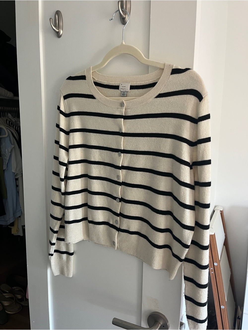 a new day Cream and Black Striped Button-Front Cardigan